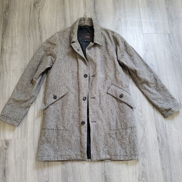 Billy Reid Herringbone Leather Trim Wool Coat Men's Size XL Mid Length Overcoat - Picture 3 of 10